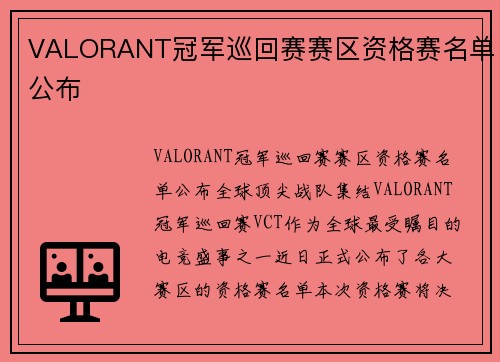 VALORANT冠军巡回赛赛区资格赛名单公布